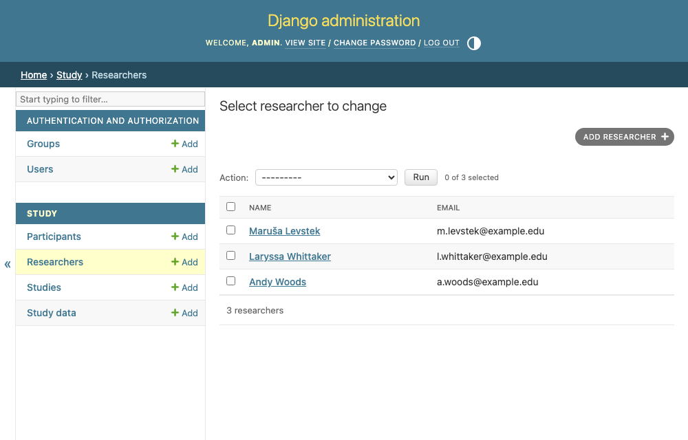 The Researcher list in the Django admin, showing three researchers with their email addresses