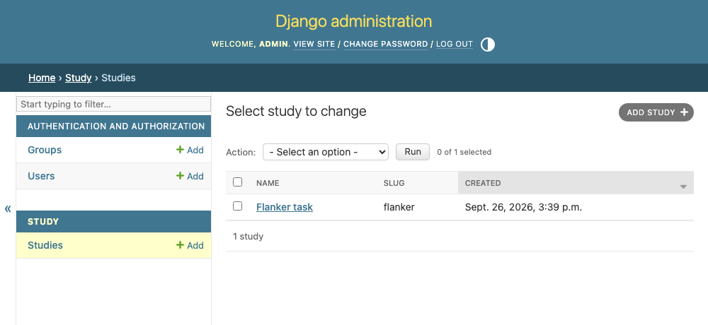 The Studies list in the Django admin, with one study added
