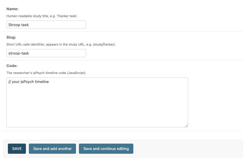 The Add study form in the Django admin: Name typed as "Stroop task", Slug filled in as "stroop-task"