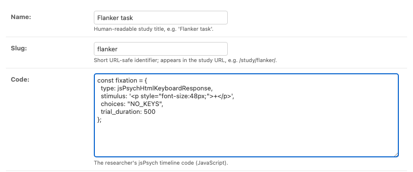 The Add study form in the Django admin, with Name, Slug and Code filled in