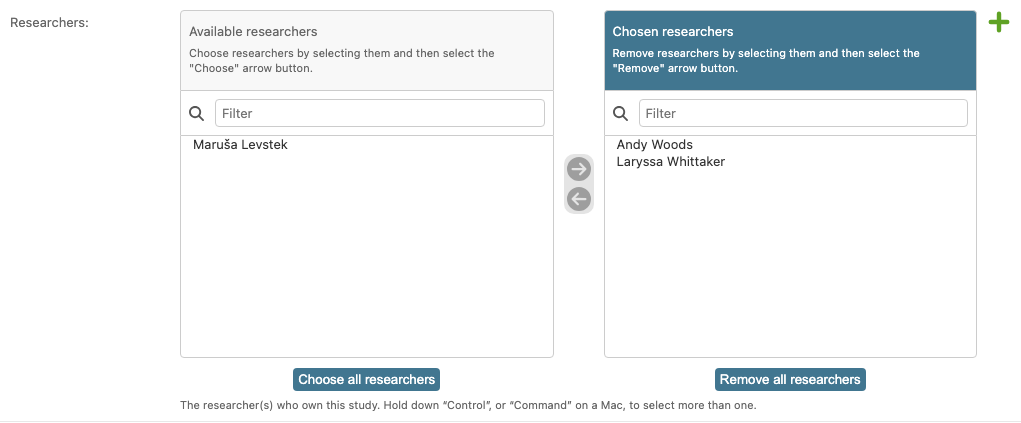 The researchers picker on the Study admin form