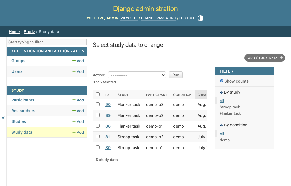 The Django admin listing StudyData rows, one per run, with study, participant and condition columns and filters