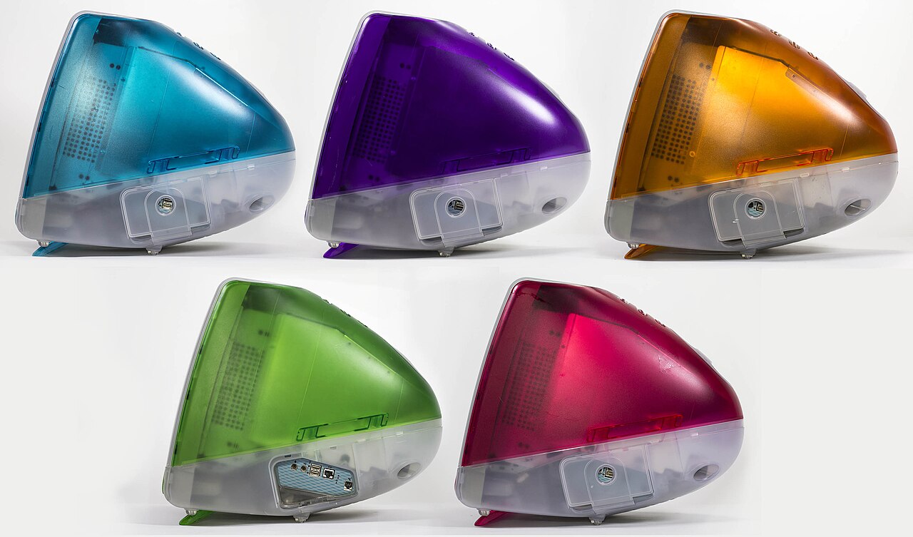 Five iMac G3 computers in the translucent colours Apple called flavours