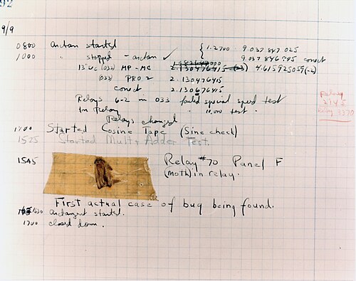 The first computer bug, a moth in the log, 1947