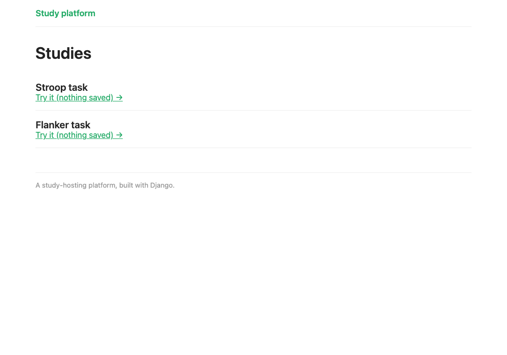 The Studies page: a "Study platform" header, the Stroop and Flanker tasks each with a "Try it (nothing saved)" link, and a footer
