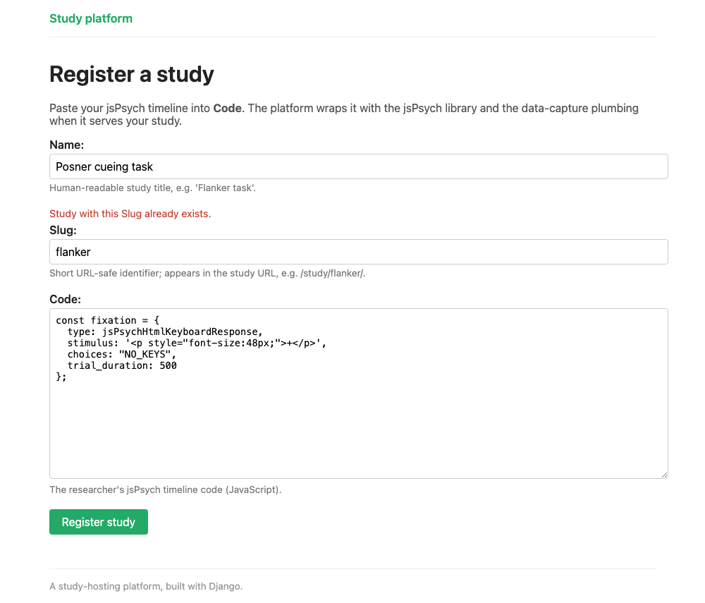 The same form after submitting a slug that is already taken, showing the error "Study with this Slug already exists." above the Slug field