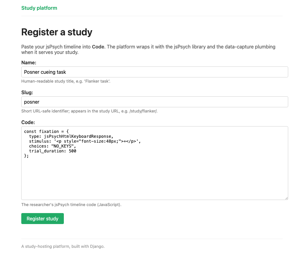 The Register a study page, with Name, Slug and Code filled in and a Register study button